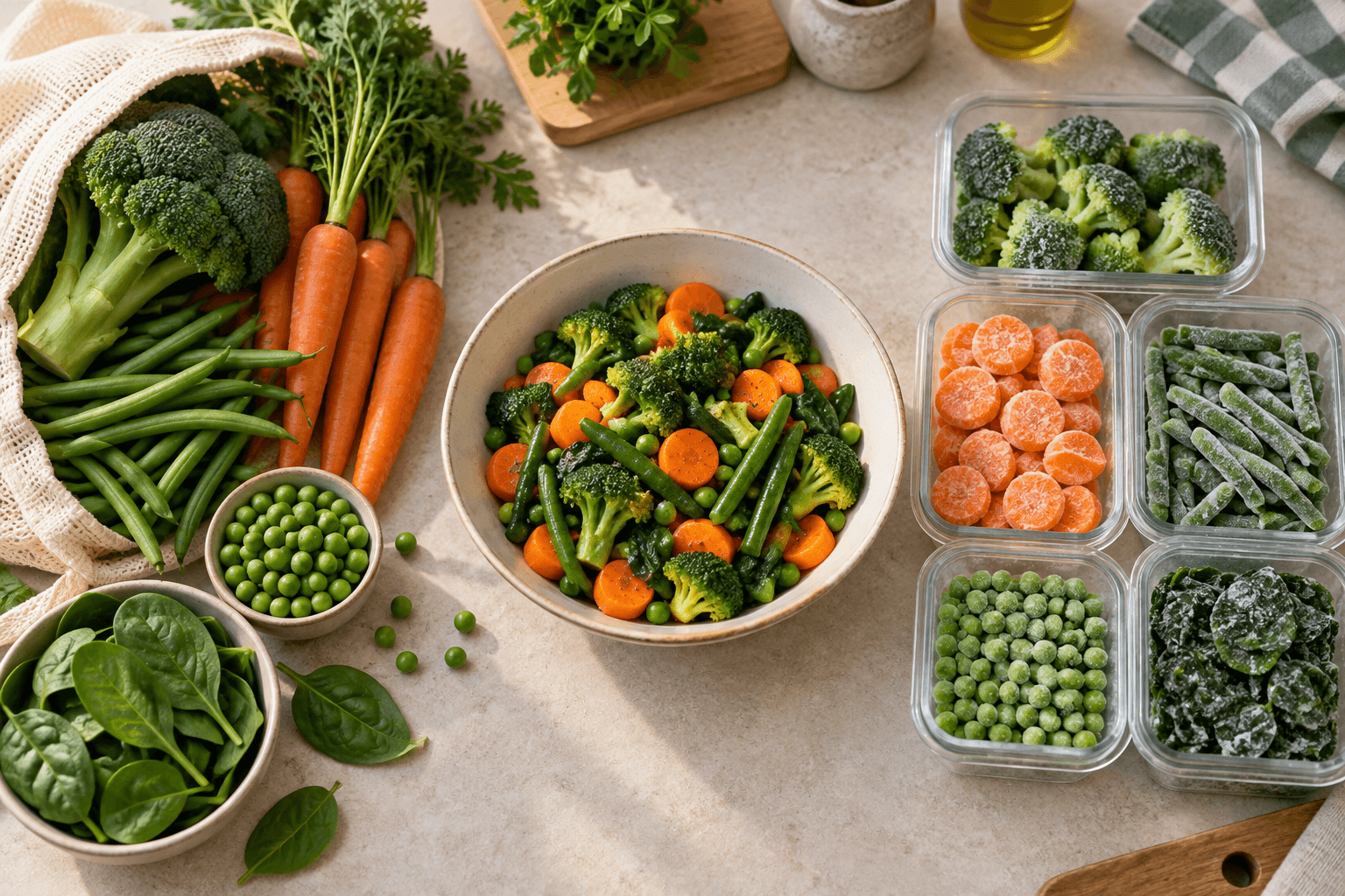 Fresh and frozen broccoli, carrots, peas, green beans, and spinach beside a bowl of cooked vegetables