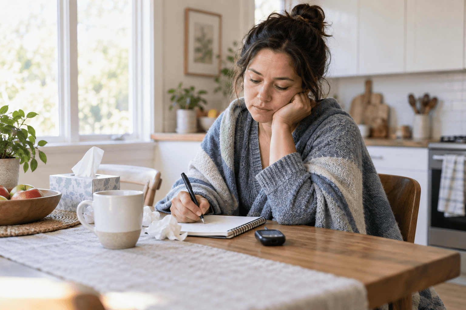 Adult with a mild illness recording symptoms beside water, tissues, and an unbranded glucose meter