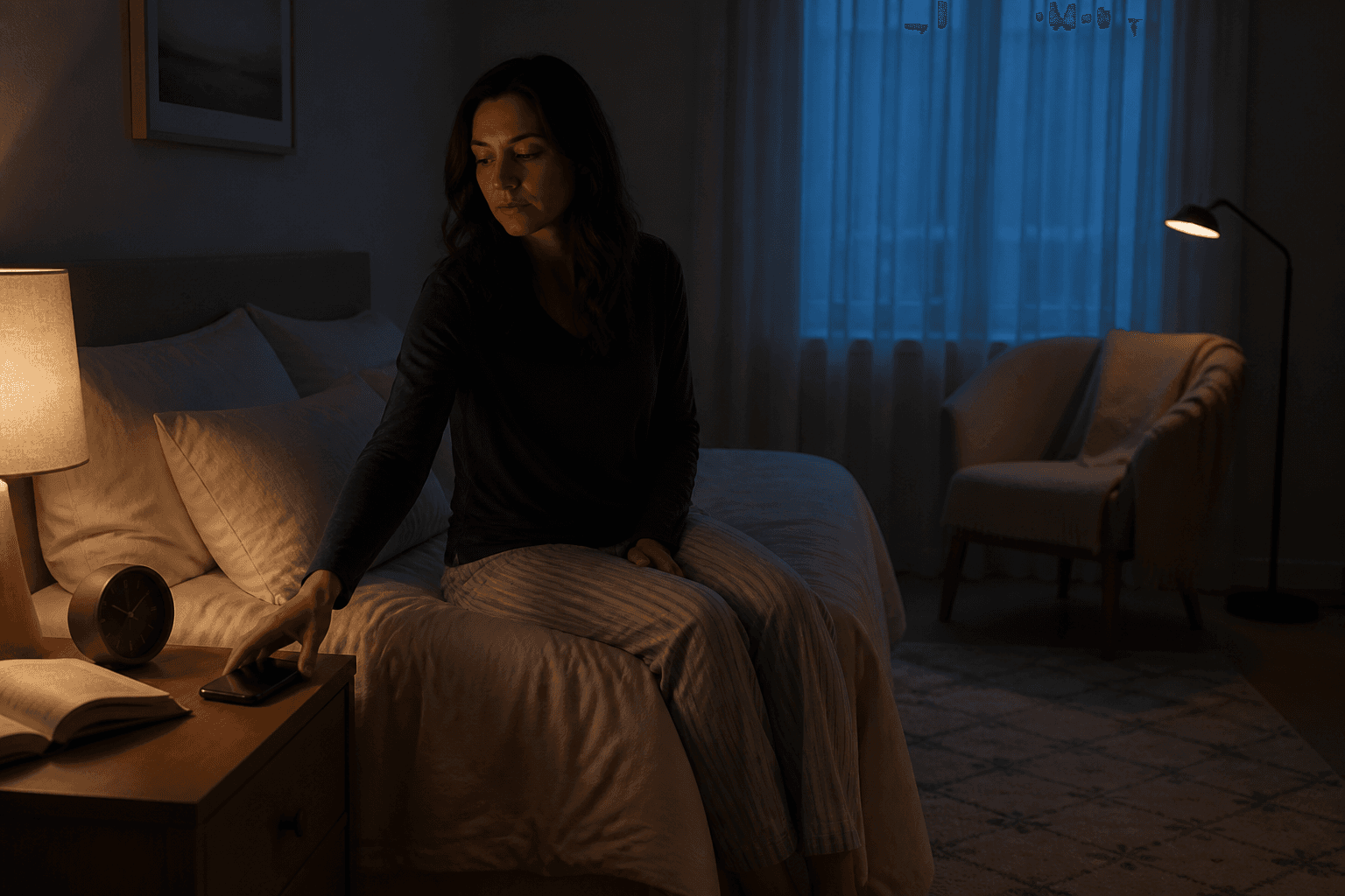 Adult placing a phone face down before a quiet nighttime reset after waking up