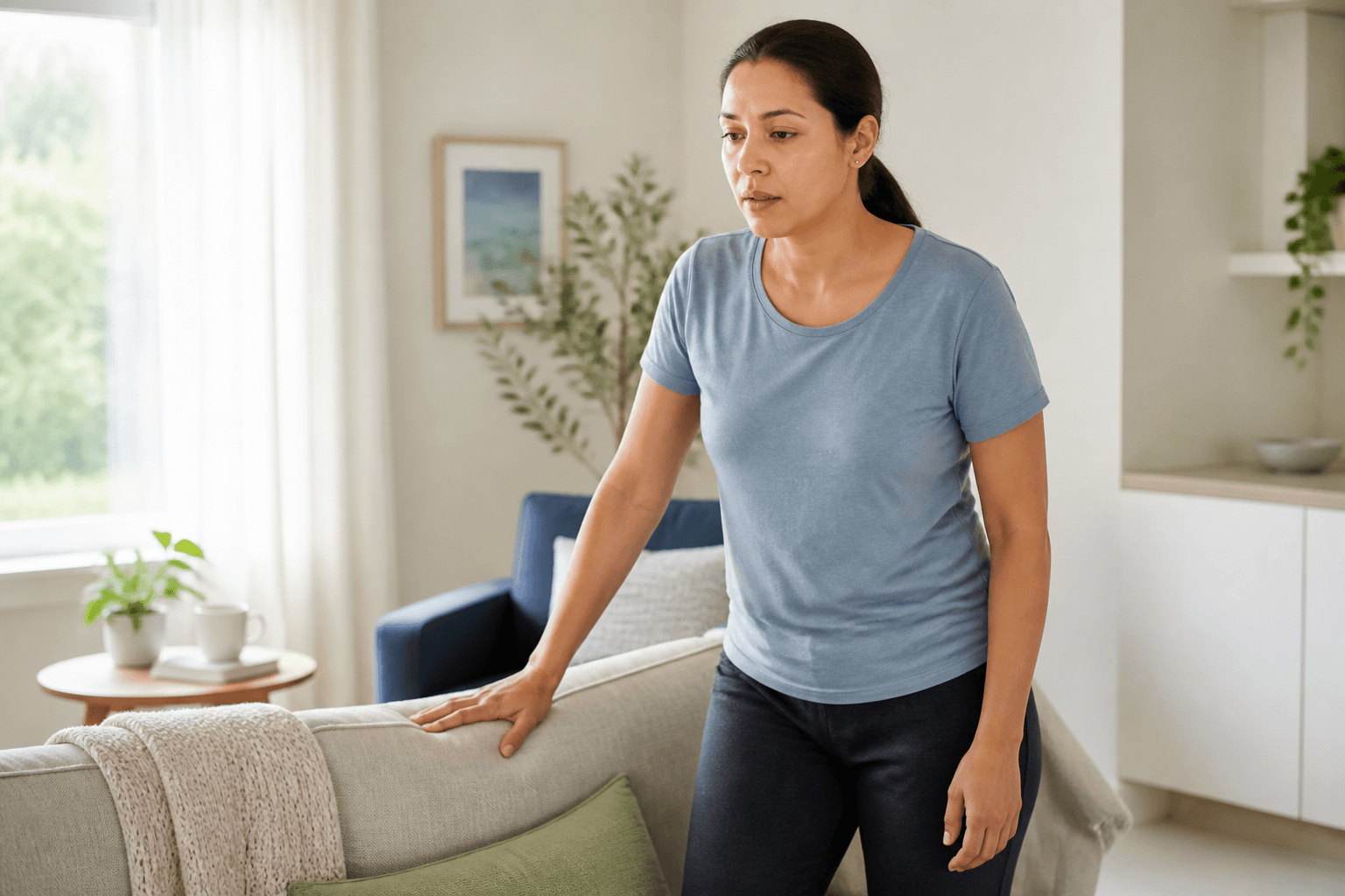 Adult pausing safely beside a sofa after feeling lightheaded on standing