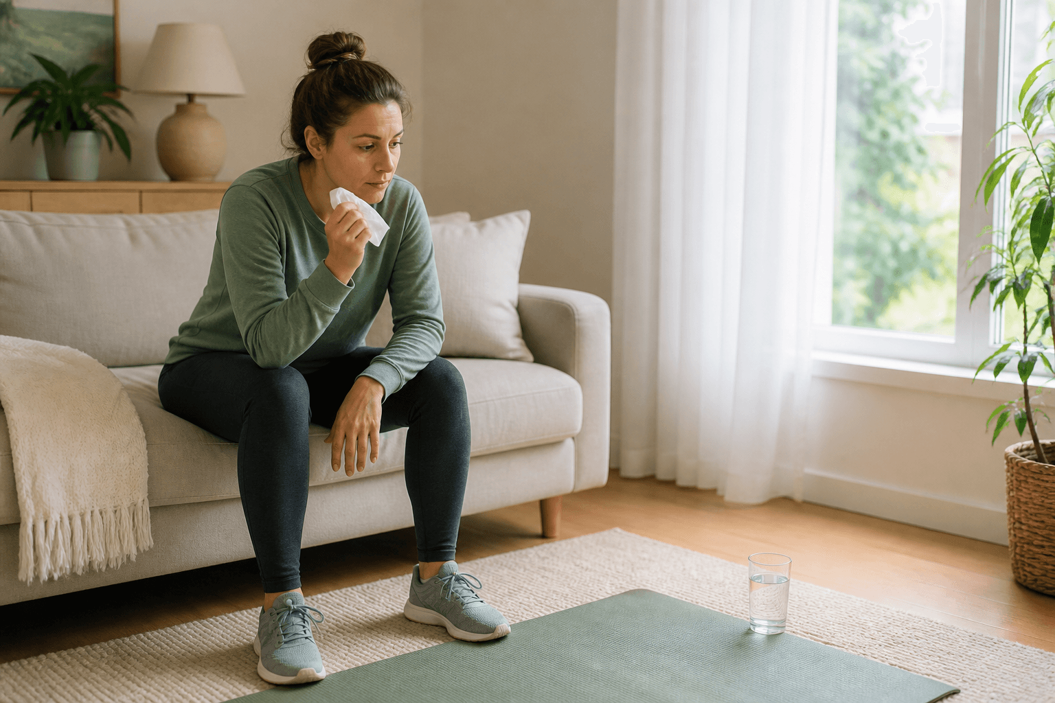 Adult with a tissue choosing rest beside an exercise mat while mildly unwell