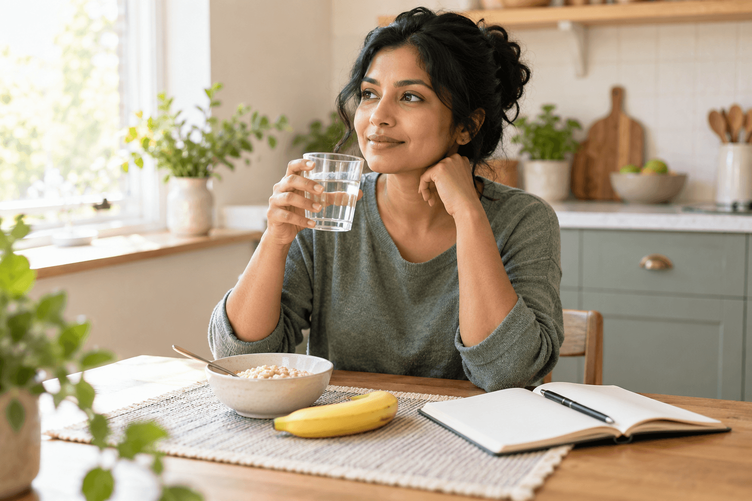 South Asian adult drinking water beside oatmeal, a banana, and a symptom notebook in a bright kitchen