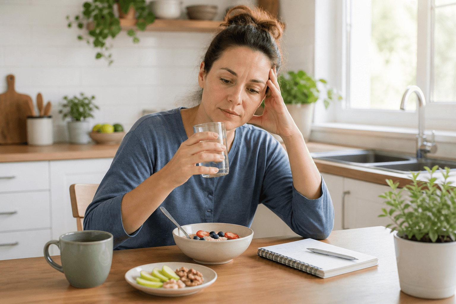 Adult with GLP-1 fatigue pausing over breakfast, water, and a symptom notebook