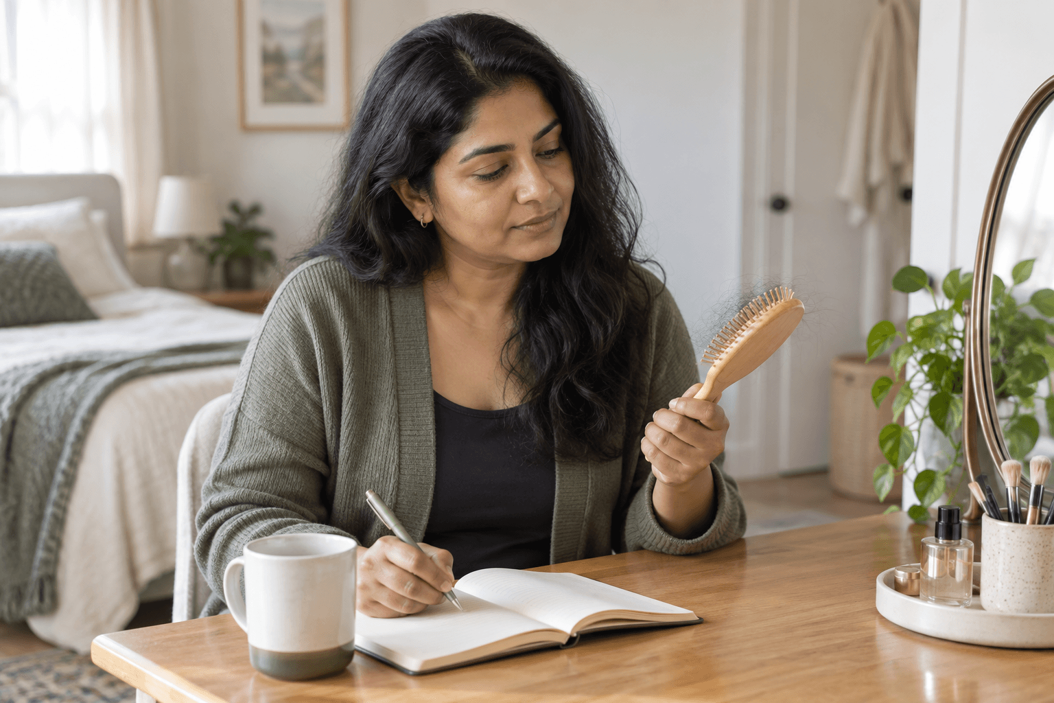 South Asian adult calmly recording hair shedding noticed on a plain hairbrush