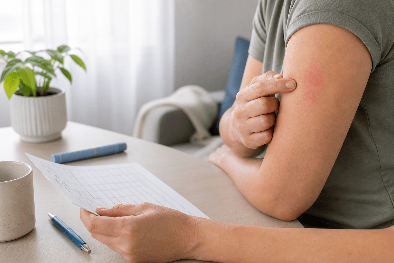 Person noting a small red area on the upper arm after a GLP-1 injection while holding a symptom tracker