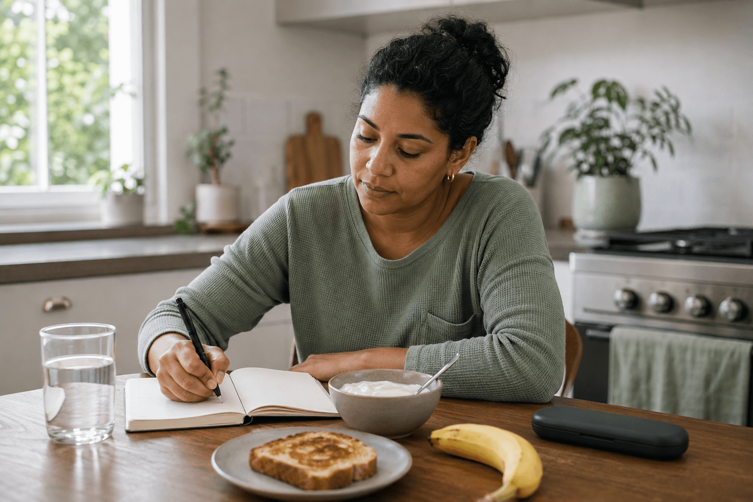 Adult recording nausea symptoms beside a small plain meal and water after a GLP-1 dose increase