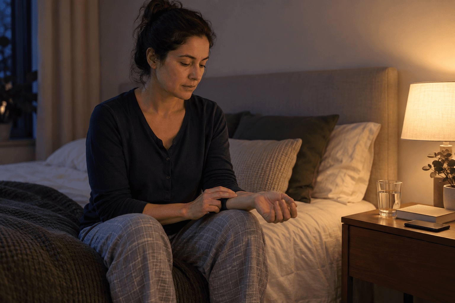 Adult calmly checking their wrist pulse while sitting on the bed after noticing heart palpitations at night