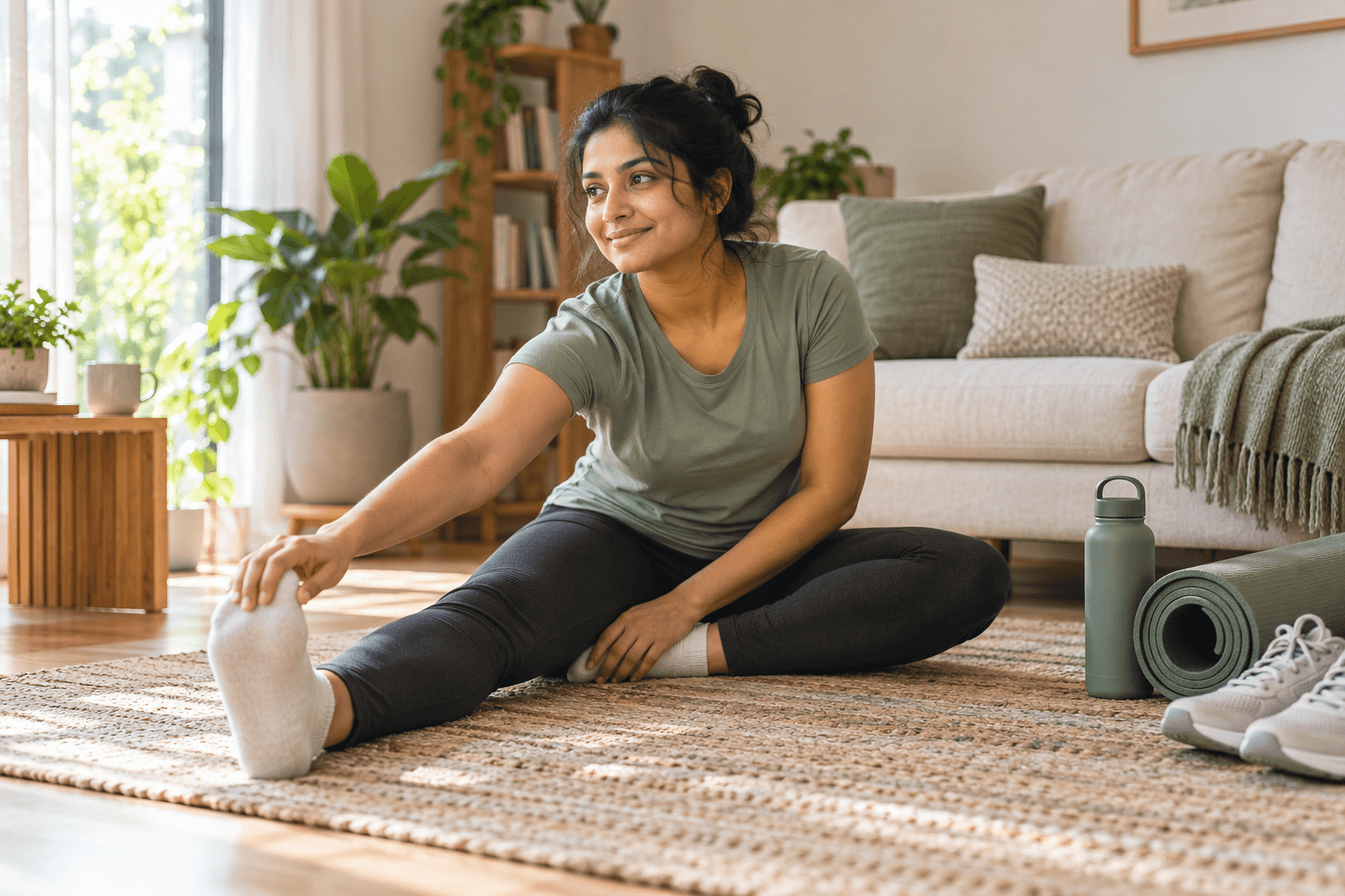 Adult taking a calm recovery day beside an exercise mat and walking shoes