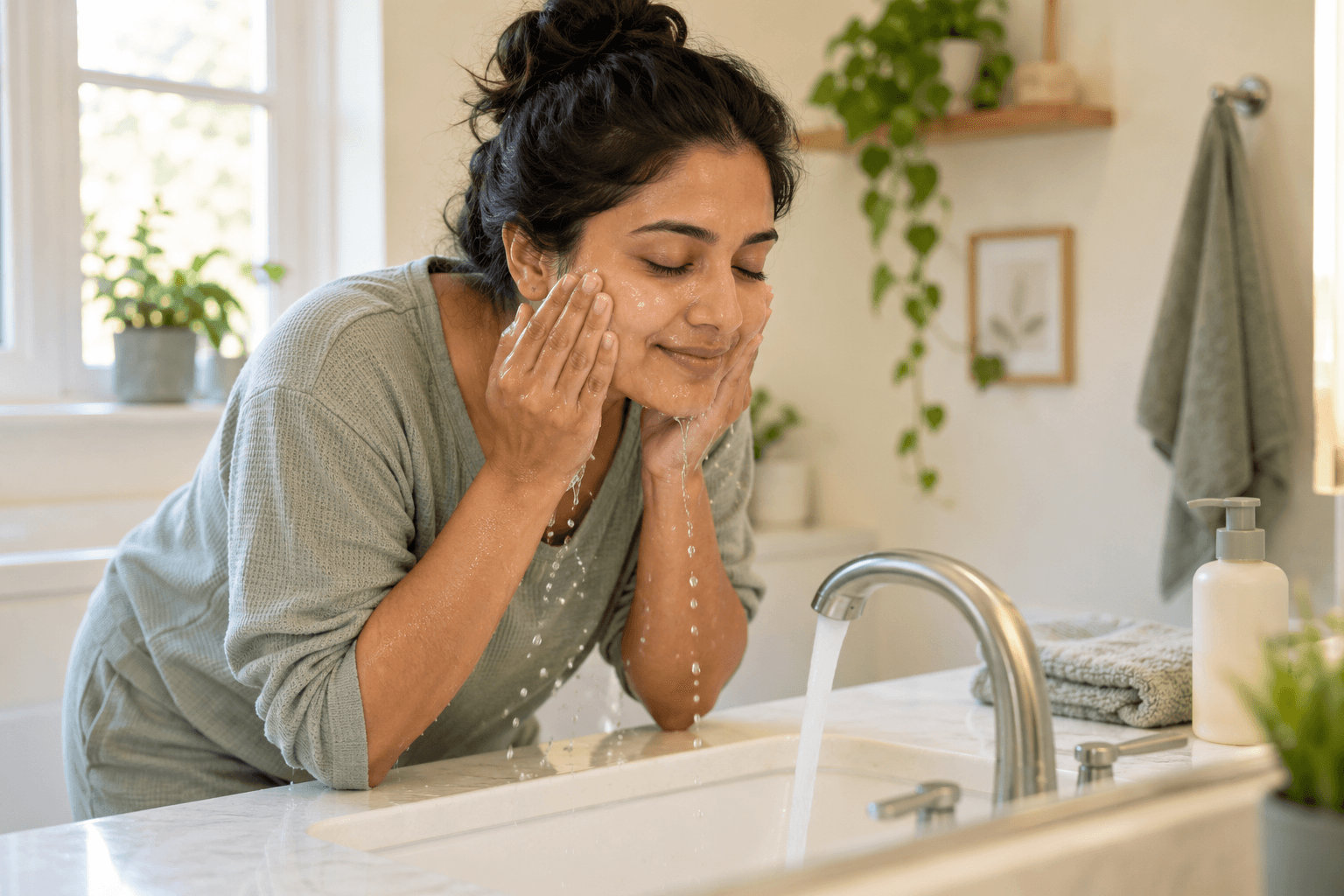 South Asian adult gently washing her face with fingertips at a bathroom sink