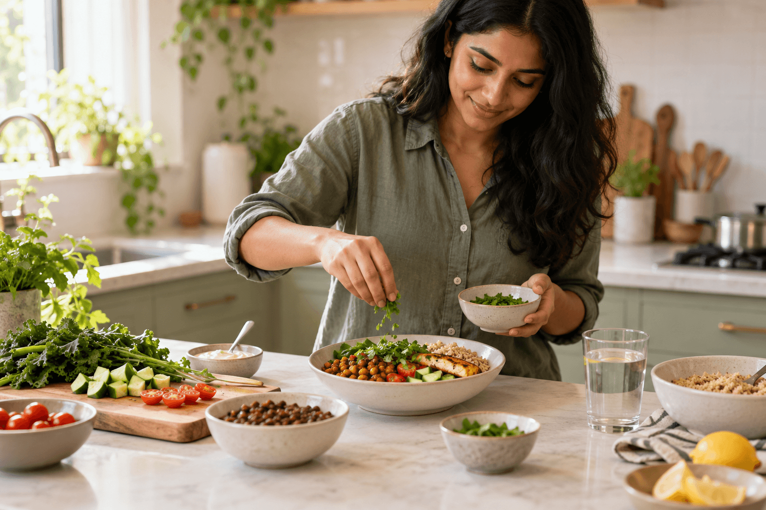 South Asian adult assembling a balanced meal with vegetables, beans, whole grains, protein, and water in a home kitchen