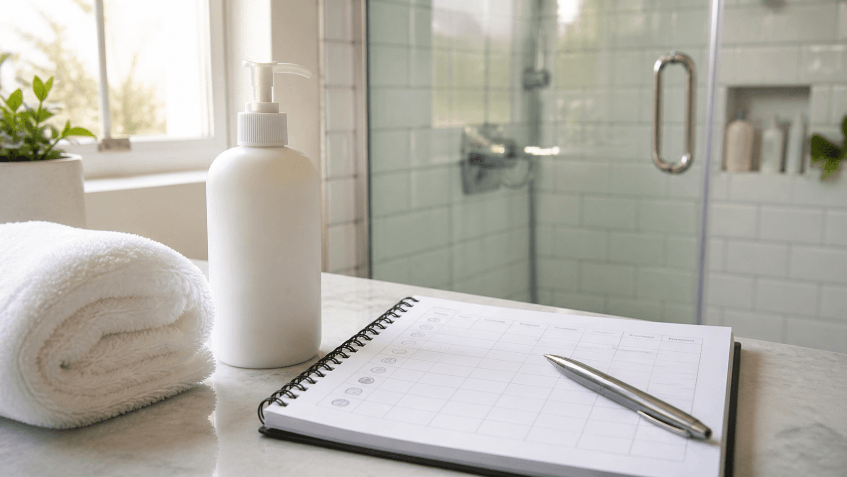 Fragrance-free moisturizer and soft towel beside a shower for post-shower itchy skin care