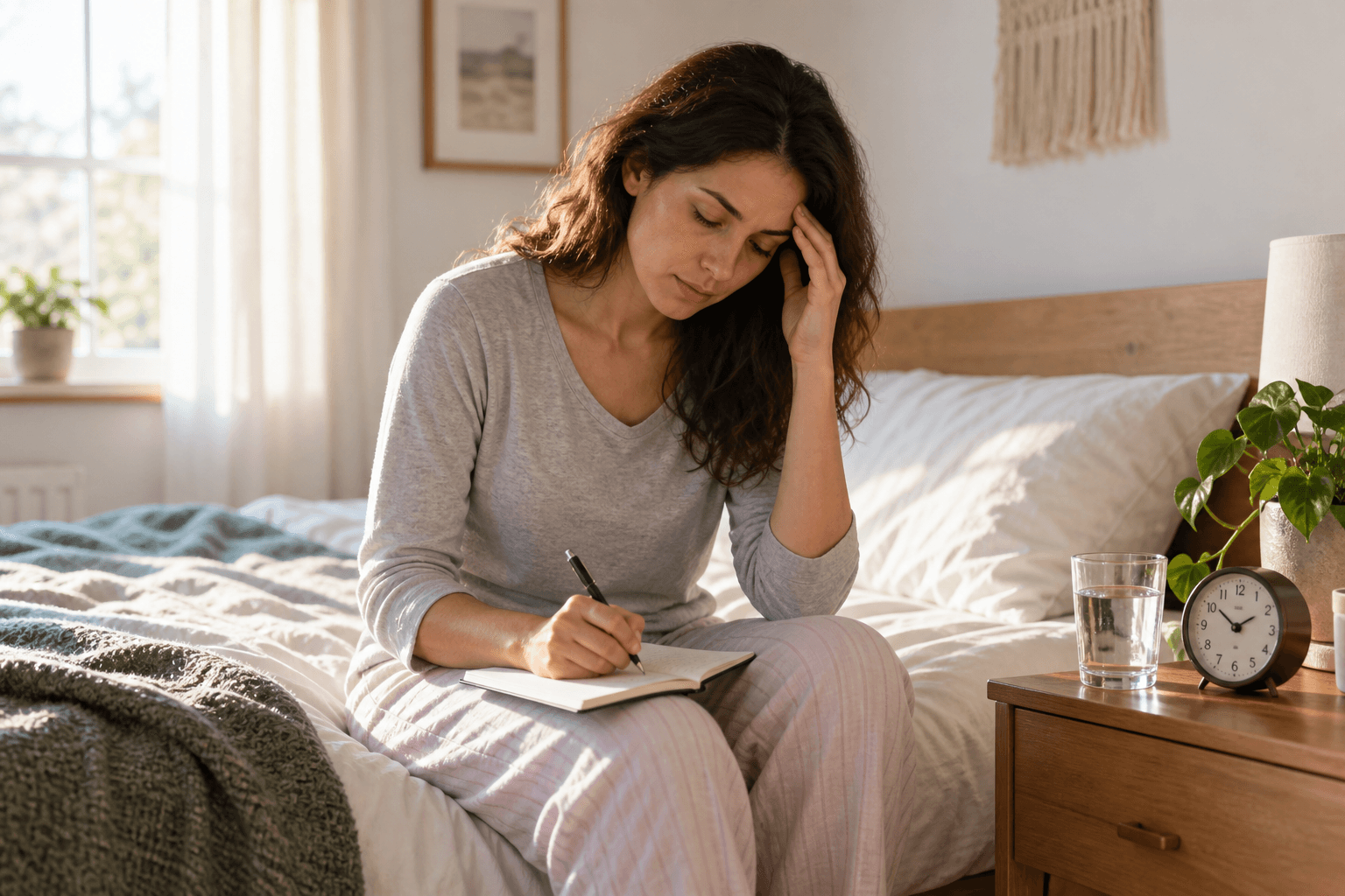 Adult recording morning headache and sleep clues beside a glass of water in natural bedroom light