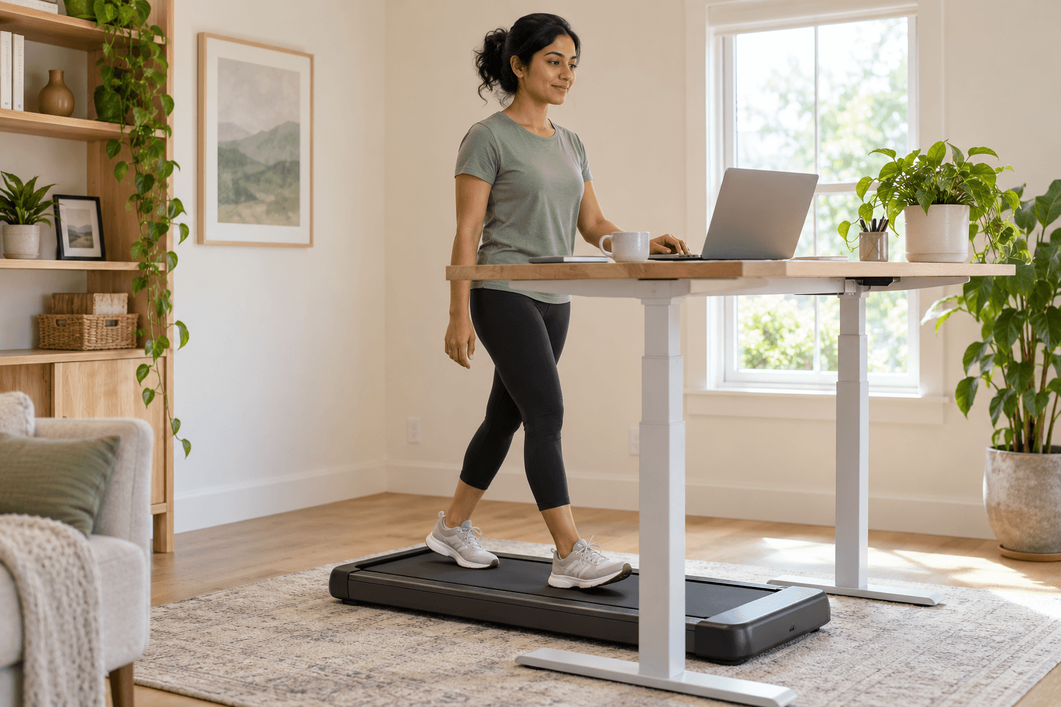 Adult walking slowly on an unbranded under-desk walking pad in a clear home office