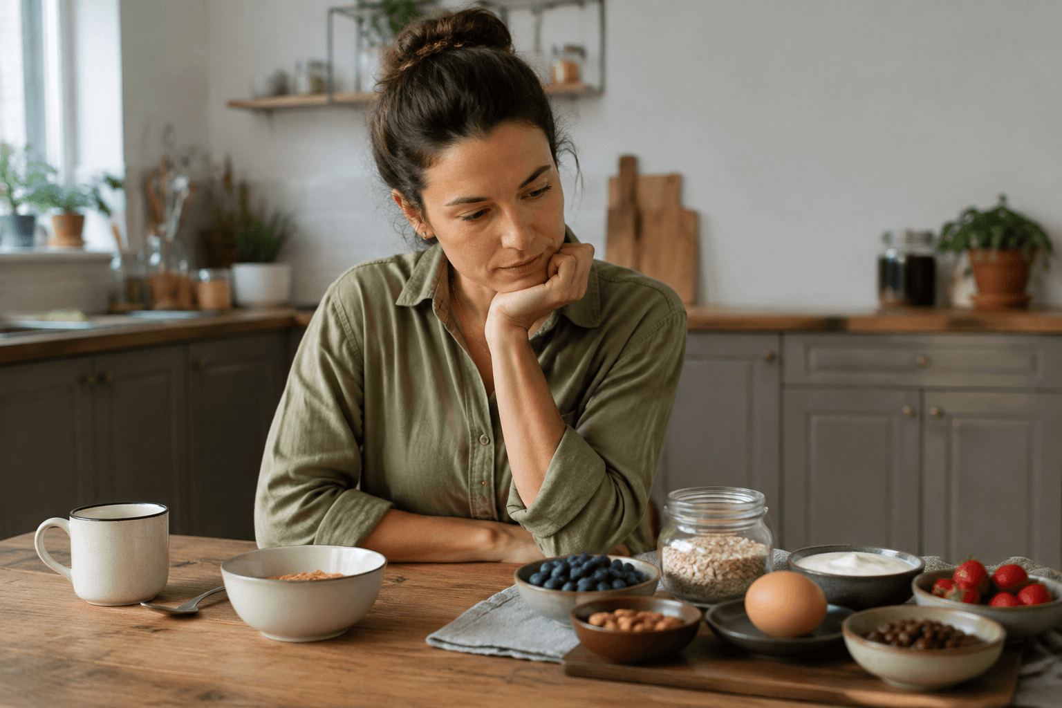 Adult comparing a small cereal breakfast with yogurt, oats, berries, nuts, egg, and beans