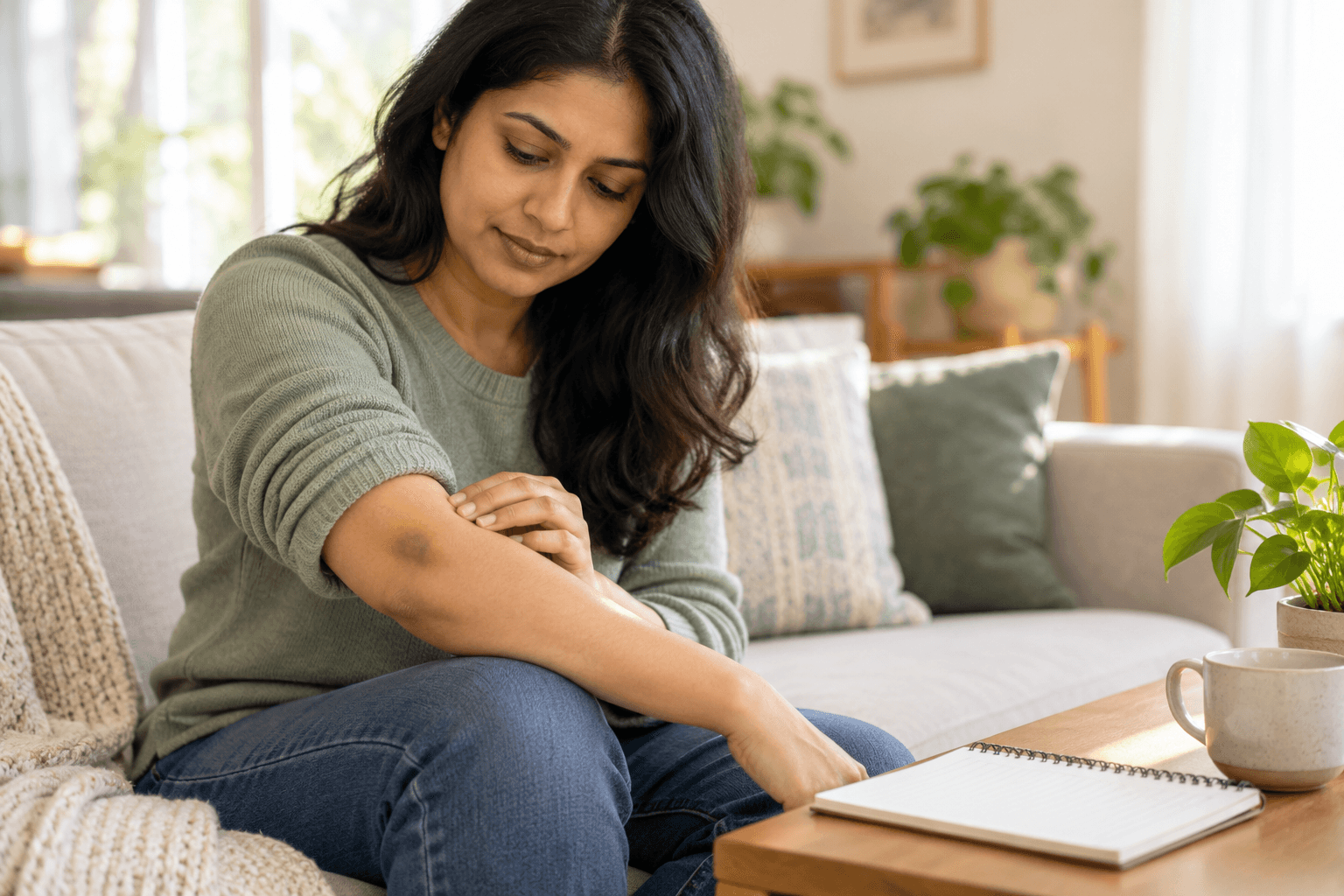 Adult calmly checking a small bruise on the upper arm beside a notebook for tracking changes