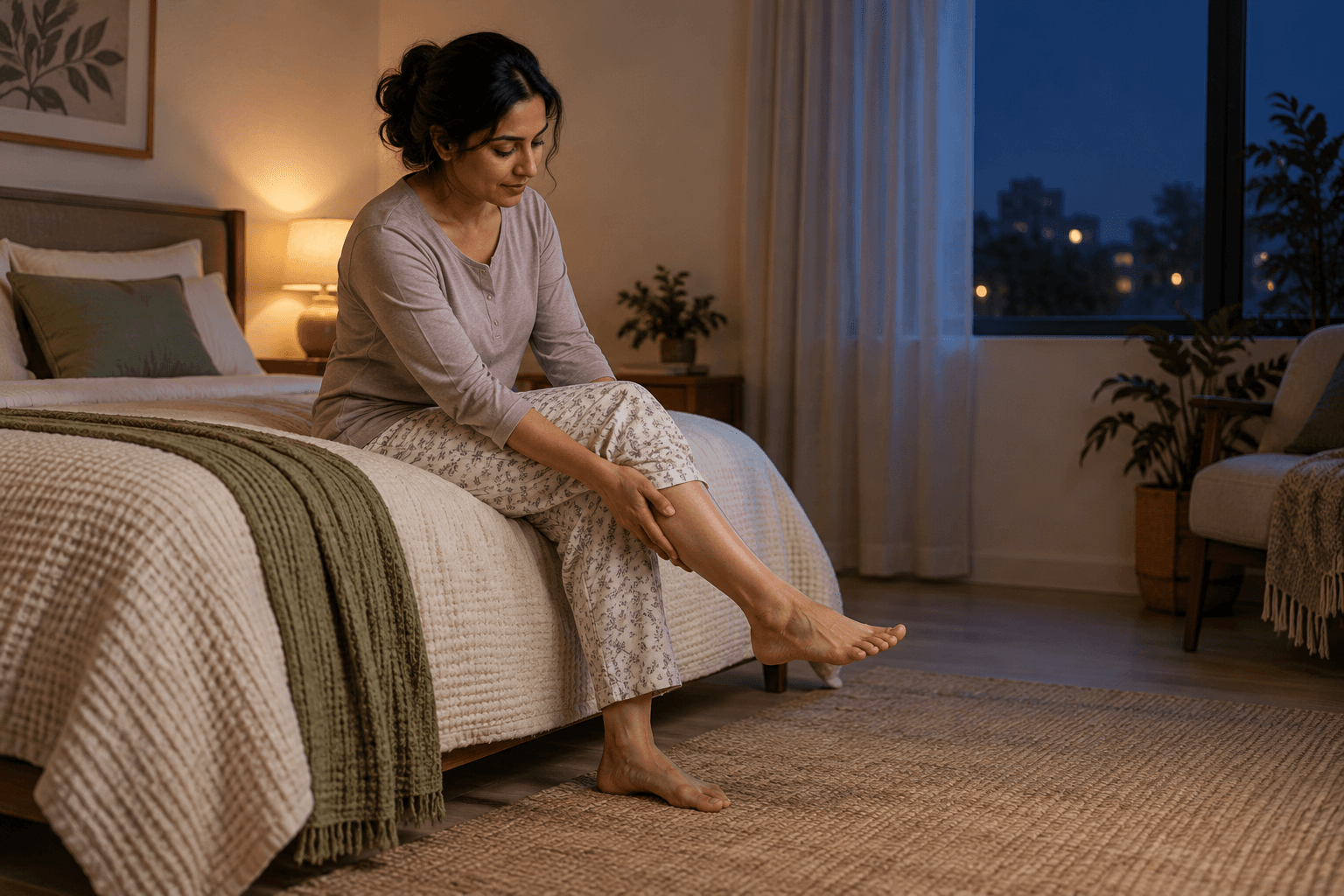 Adult sitting calmly on the edge of a bed at night while gently stretching one lower leg