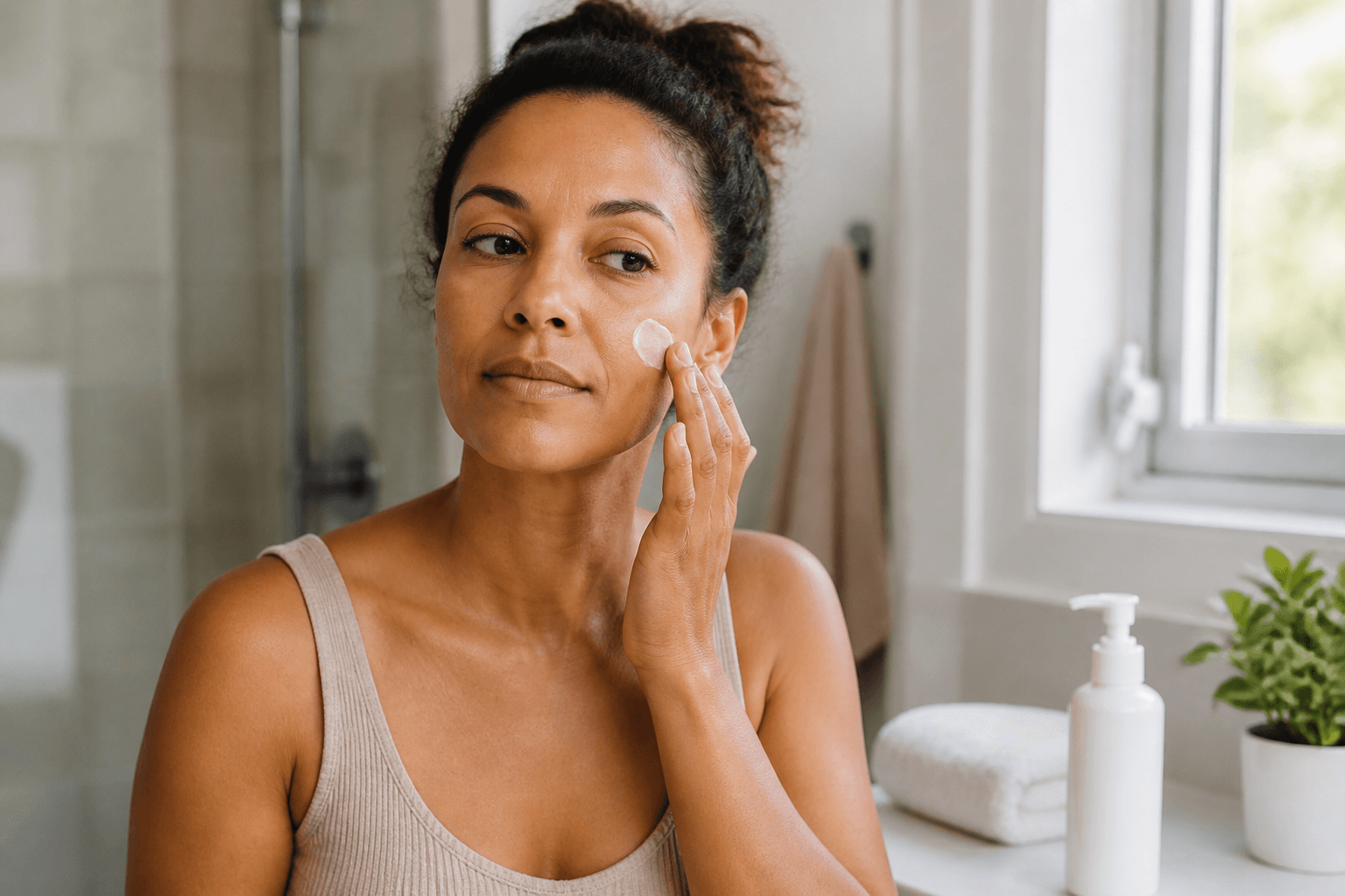 Adult pausing while applying unbranded facial moisturizer during a gentle skin-care routine
