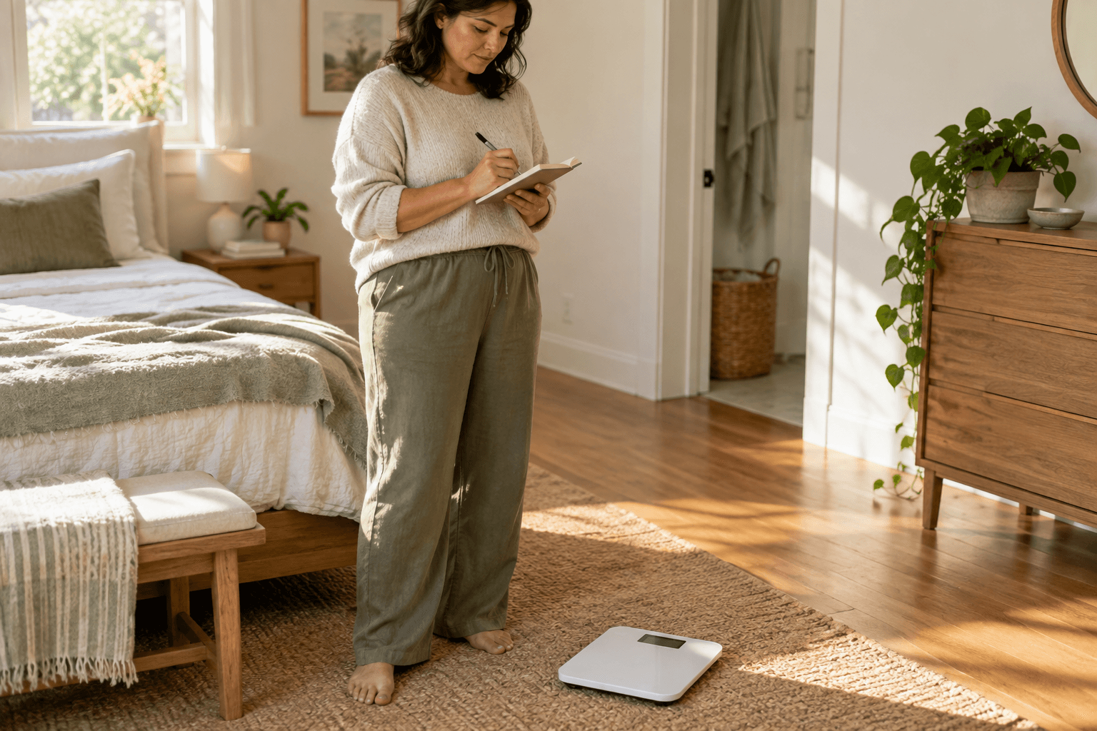 Adult calmly recording a morning weight trend beside an unbranded bathroom scale
