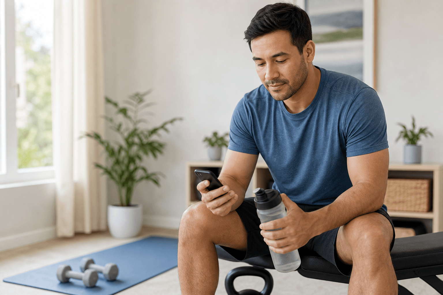 Adult reviewing a glucose log after a home workout with a water bottle nearby