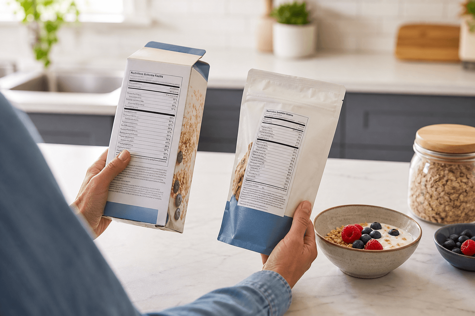 Shopper comparing added sugar information on two generic food labels