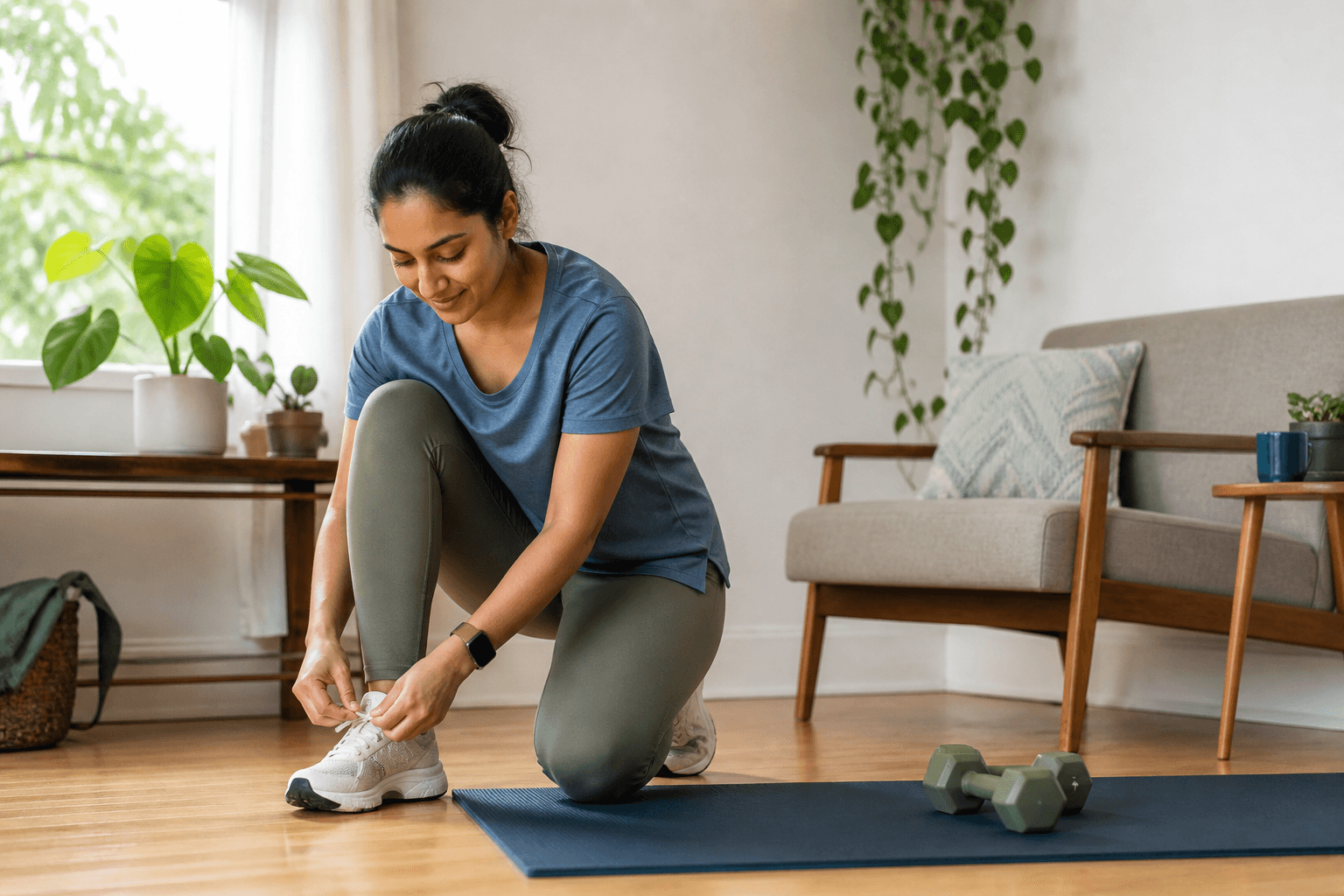 Adult tying walking shoes beside an exercise mat and light dumbbells to restart exercise after a break